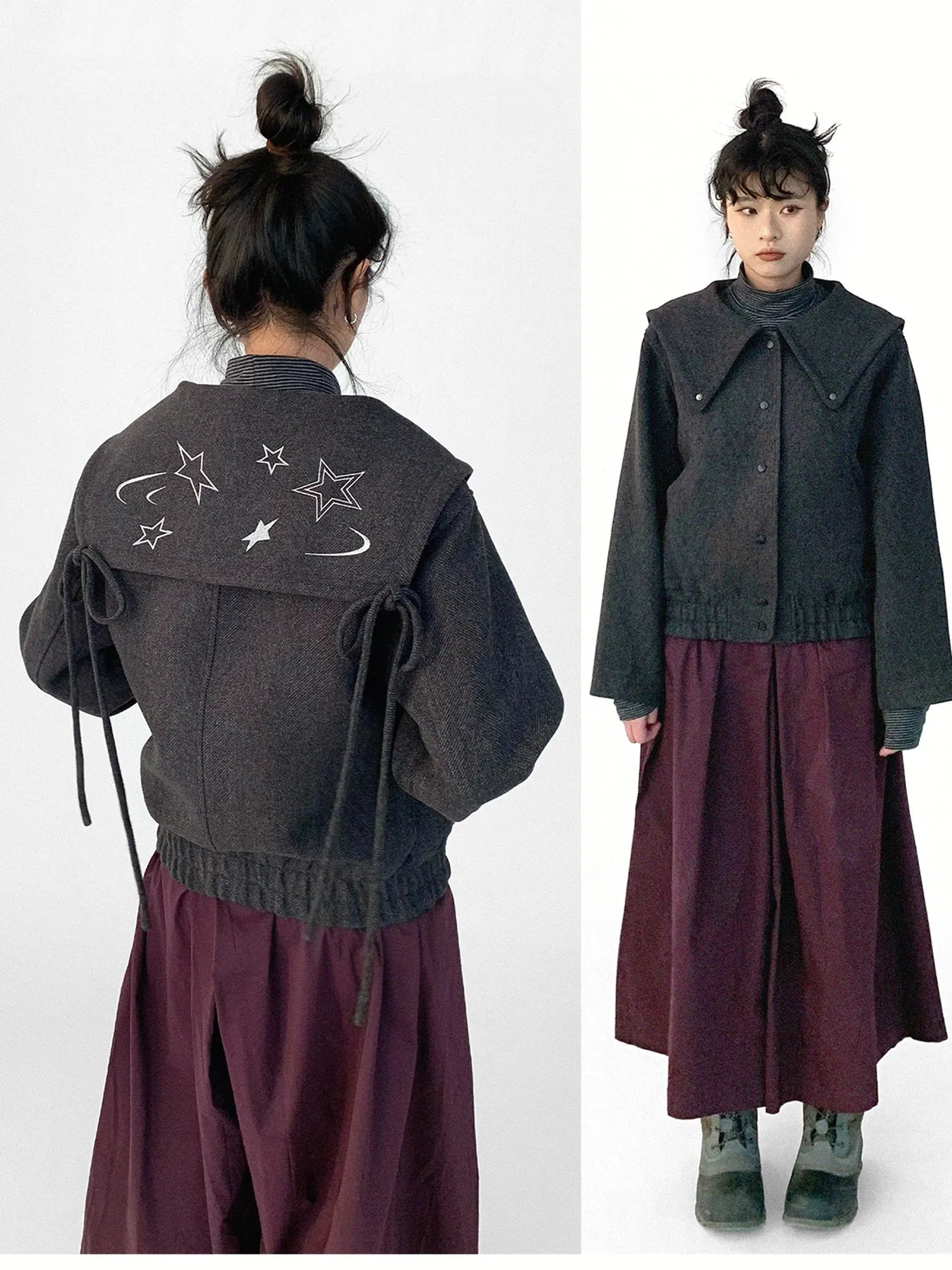 Stone Skipping Embroidered Star Wool Blend Pea Coat
