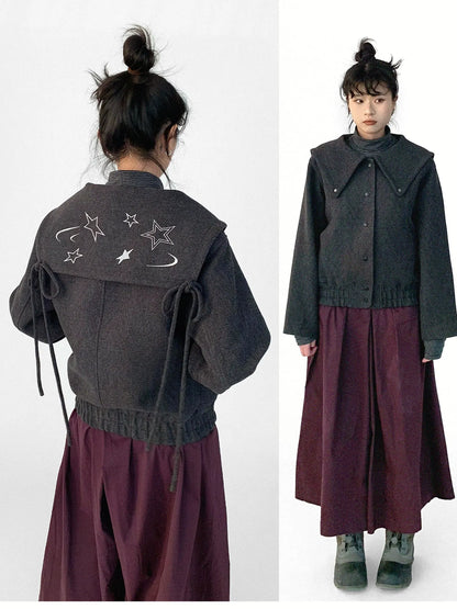 Stone Skipping Embroidered Star Wool Blend Pea Coat