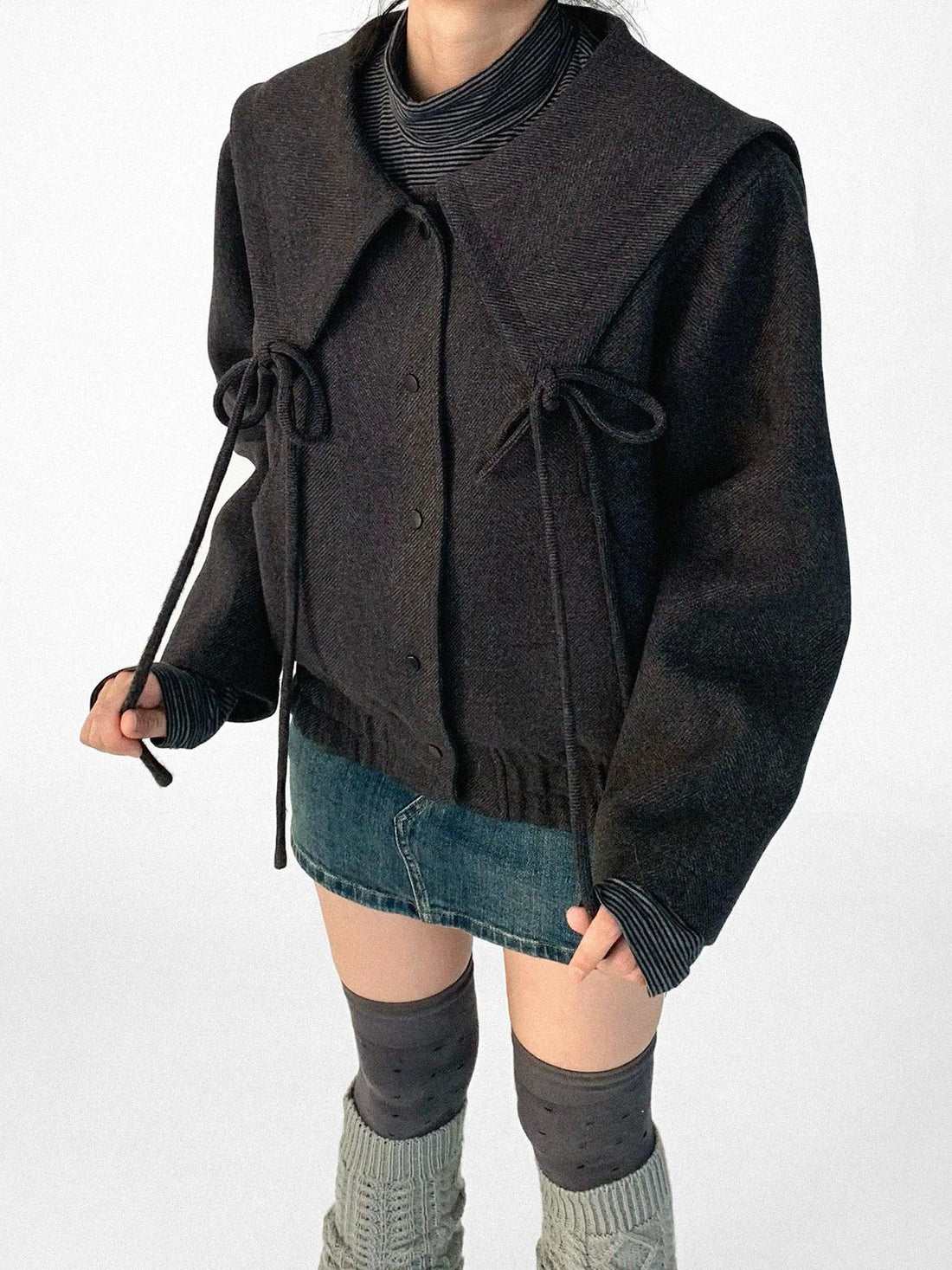 innomoood Stone Skipping Embroidered Star Wool Blend Pea Coat