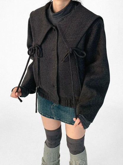 Stone Skipping Embroidered Star Wool Blend Pea Coat