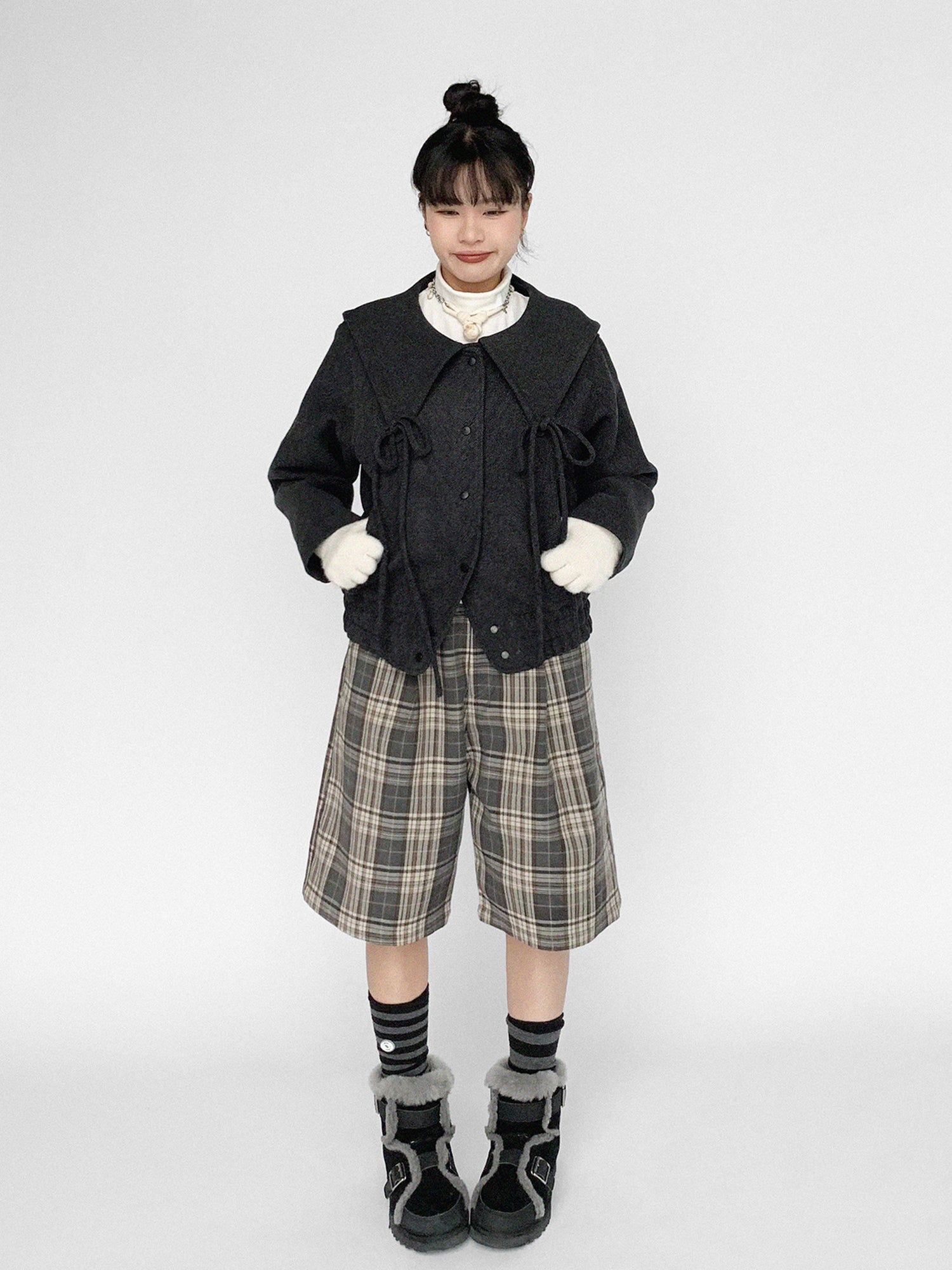 innomoood Stone Skipping Embroidered Star Wool Blend Pea Coat