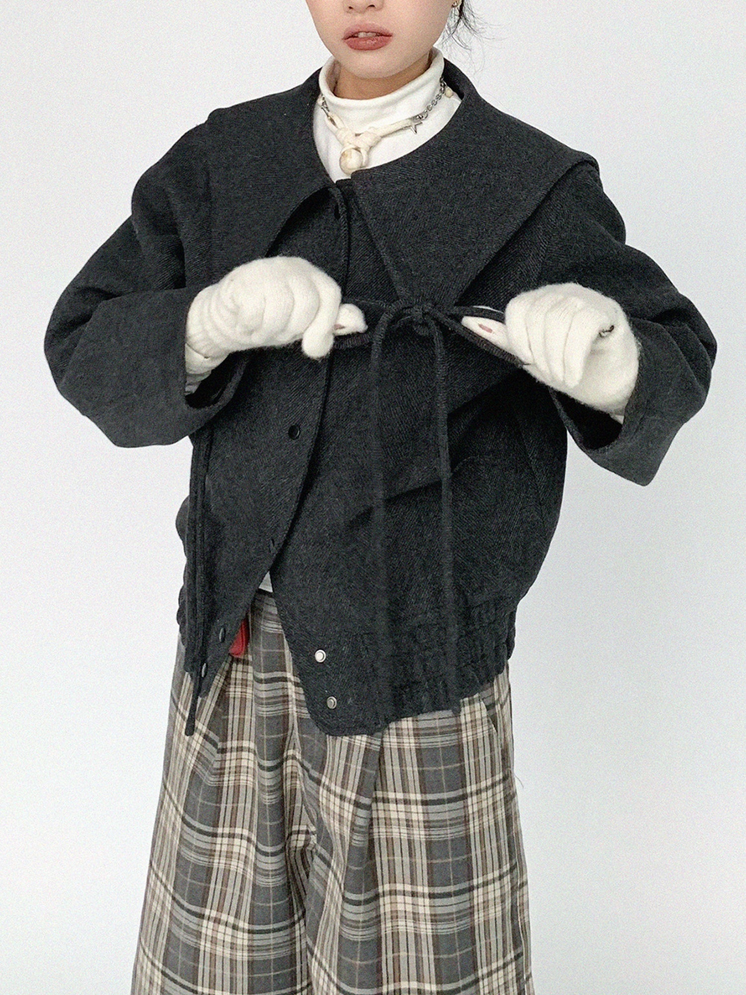 innomoood Stone Skipping Embroidered Star Wool Blend Pea Coat