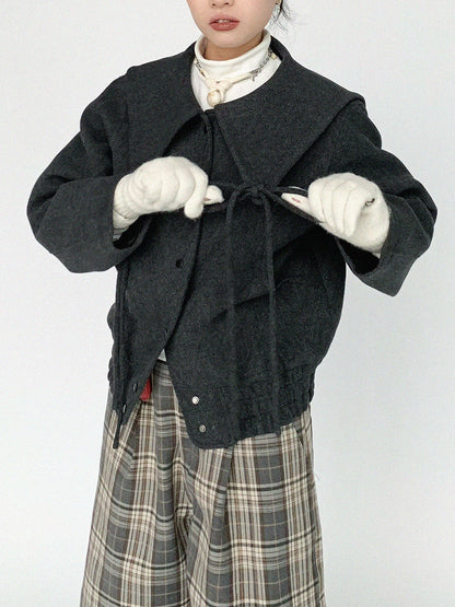 innomoood Stone Skipping Embroidered Star Wool Blend Pea Coat