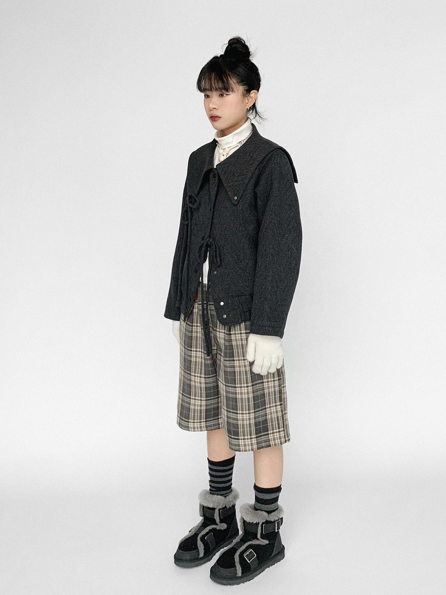 innomoood Stone Skipping Embroidered Star Wool Blend Pea Coat