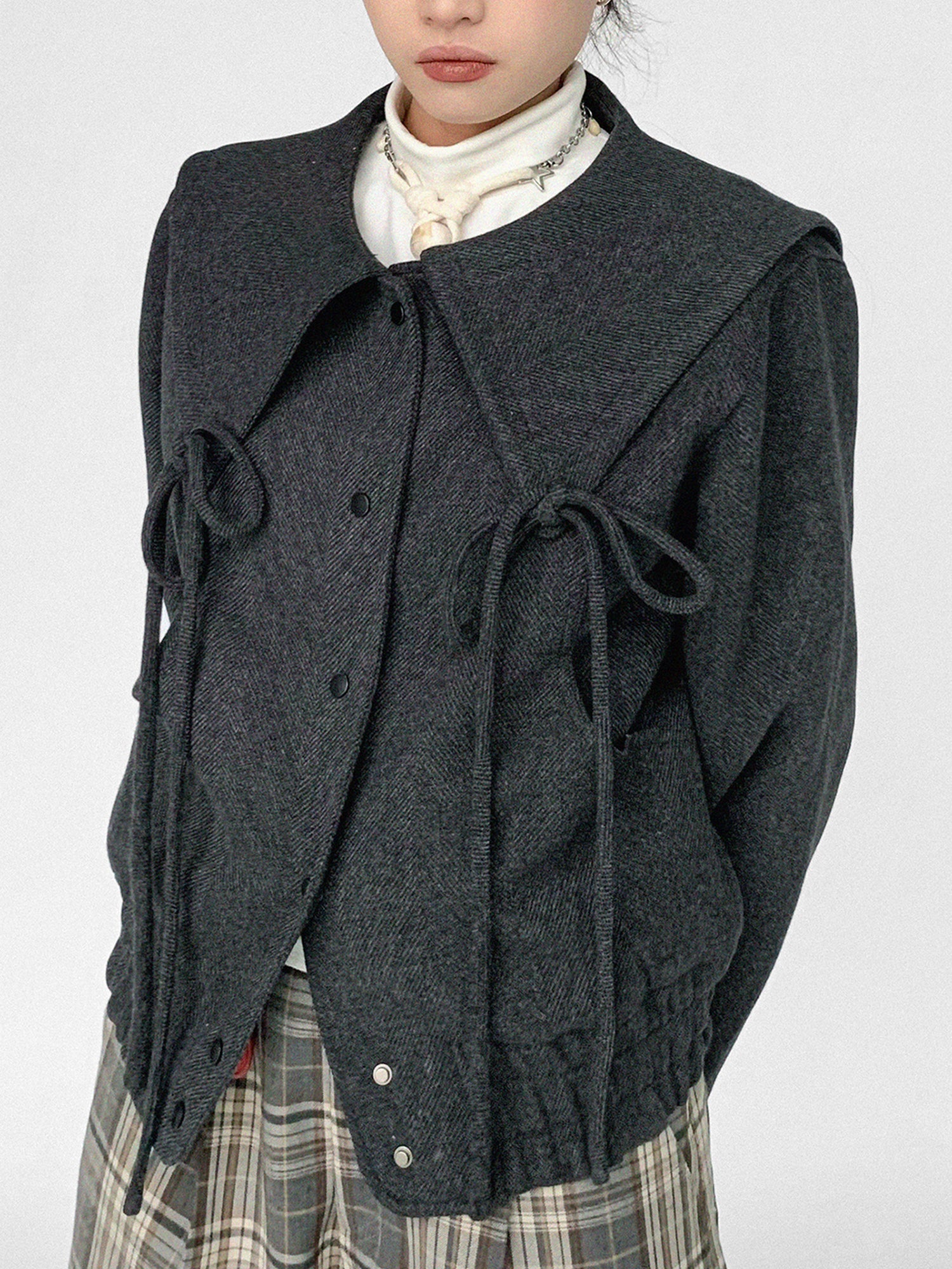 innomoood Stone Skipping Embroidered Star Wool Blend Pea Coat