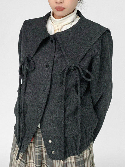 innomoood Stone Skipping Embroidered Star Wool Blend Pea Coat