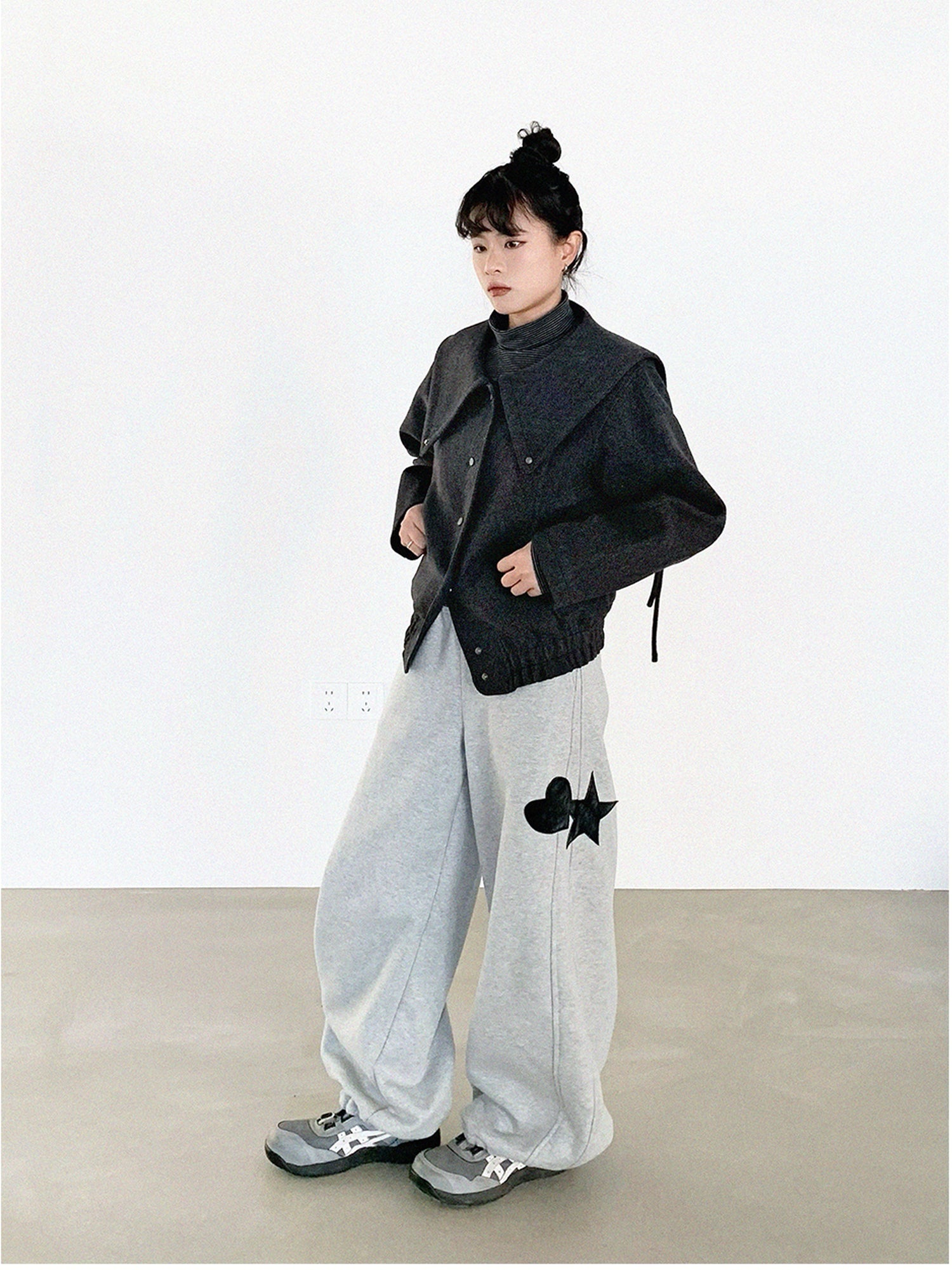 innomoood Stone Skipping Embroidered Star Wool Blend Pea Coat