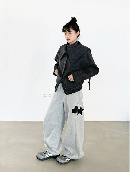 innomoood Stone Skipping Embroidered Star Wool Blend Pea Coat