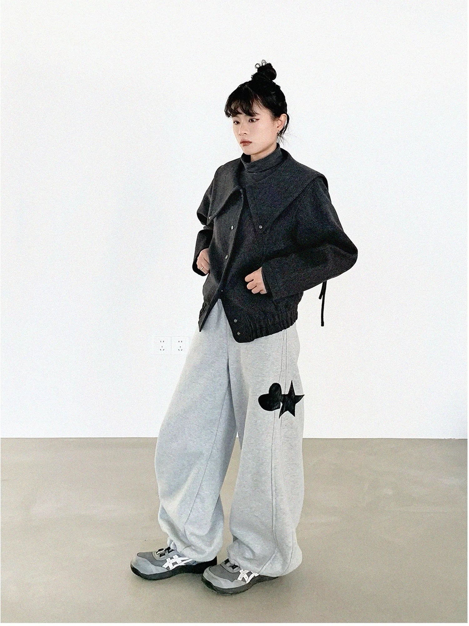 Stone Skipping Embroidered Star Wool Blend Pea Coat