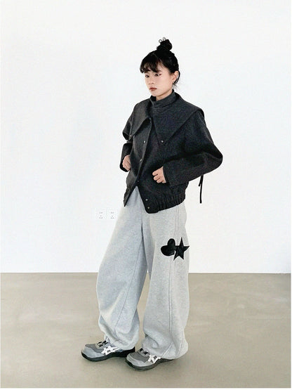 Stone Skipping Embroidered Star Wool Blend Pea Coat