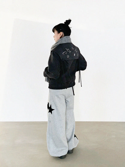 innomoood Stone Skipping Embroidered Star Wool Blend Pea Coat