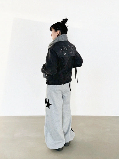 Stone Skipping Embroidered Star Wool Blend Pea Coat