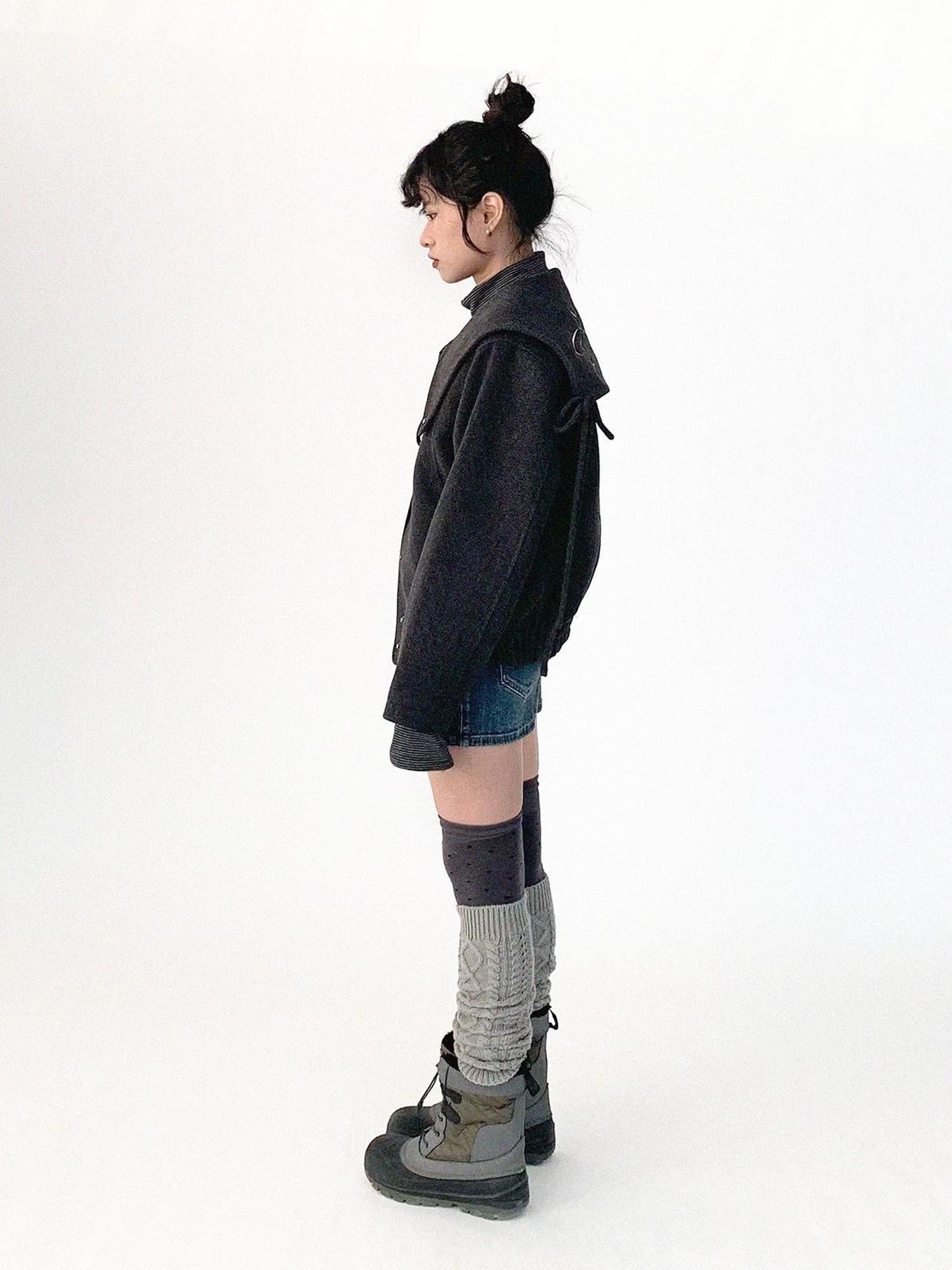 innomoood Stone Skipping Embroidered Star Wool Blend Pea Coat