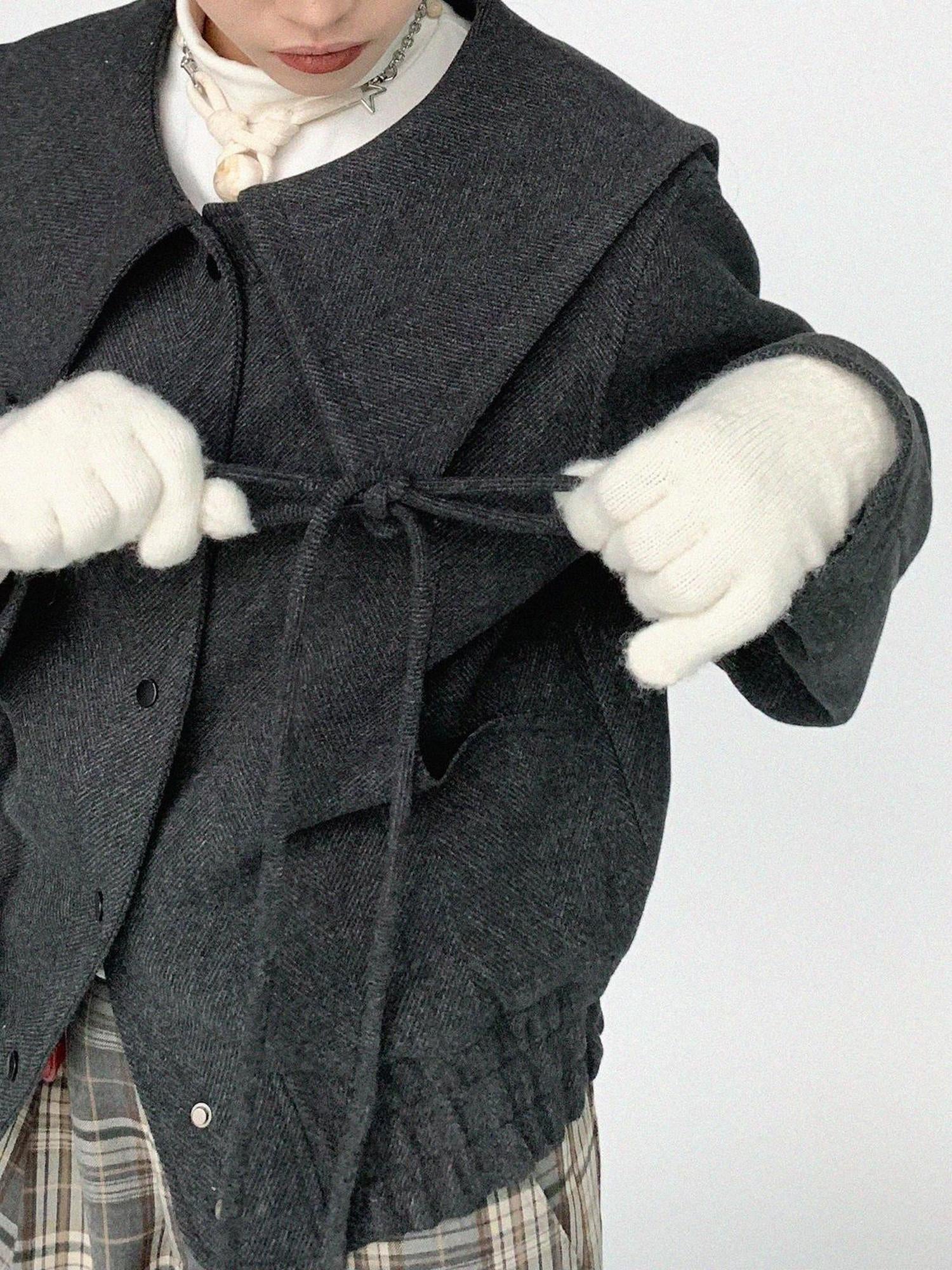 innomoood Stone Skipping Embroidered Star Wool Blend Pea Coat