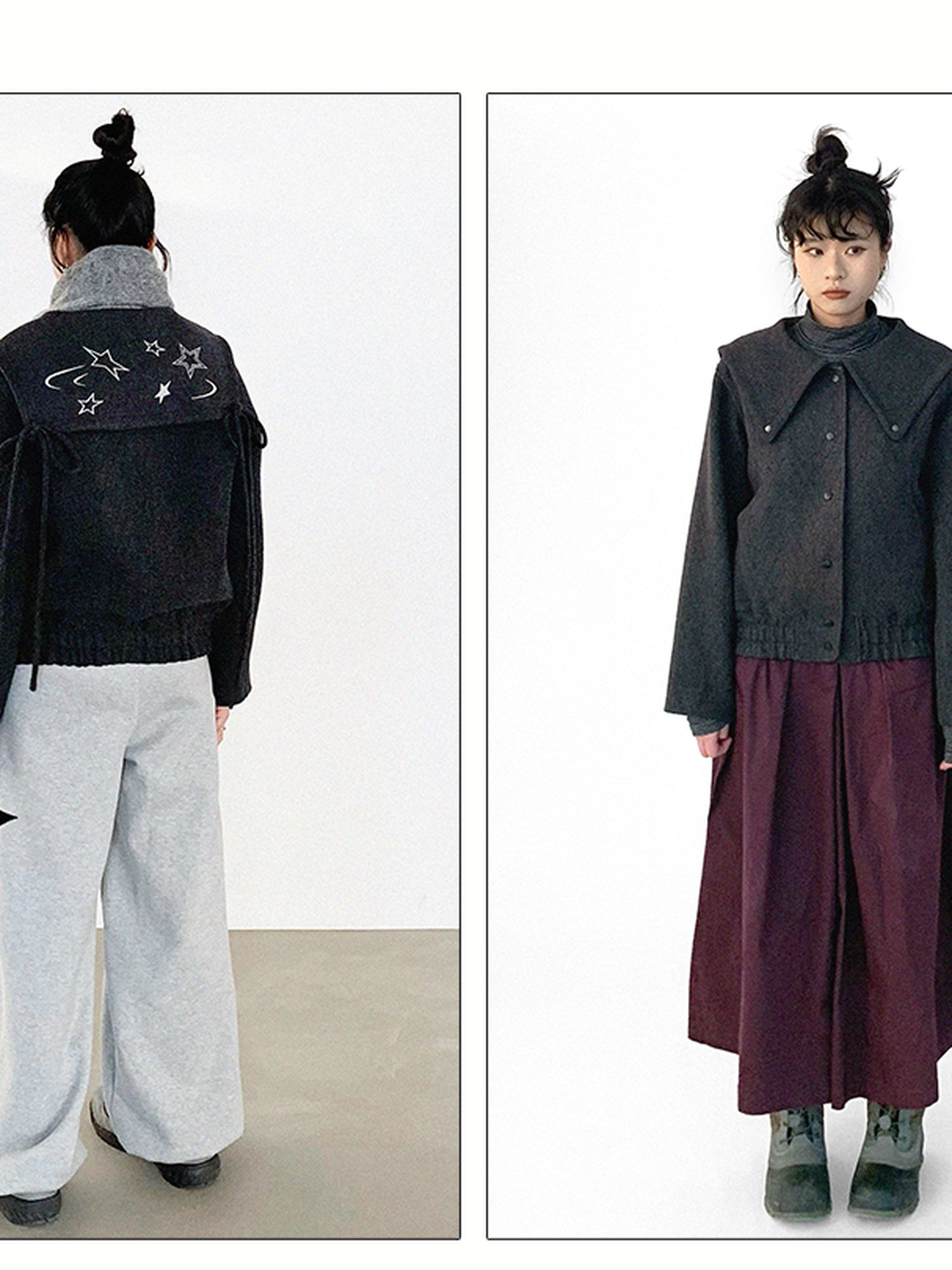 innomoood Stone Skipping Embroidered Star Wool Blend Pea Coat
