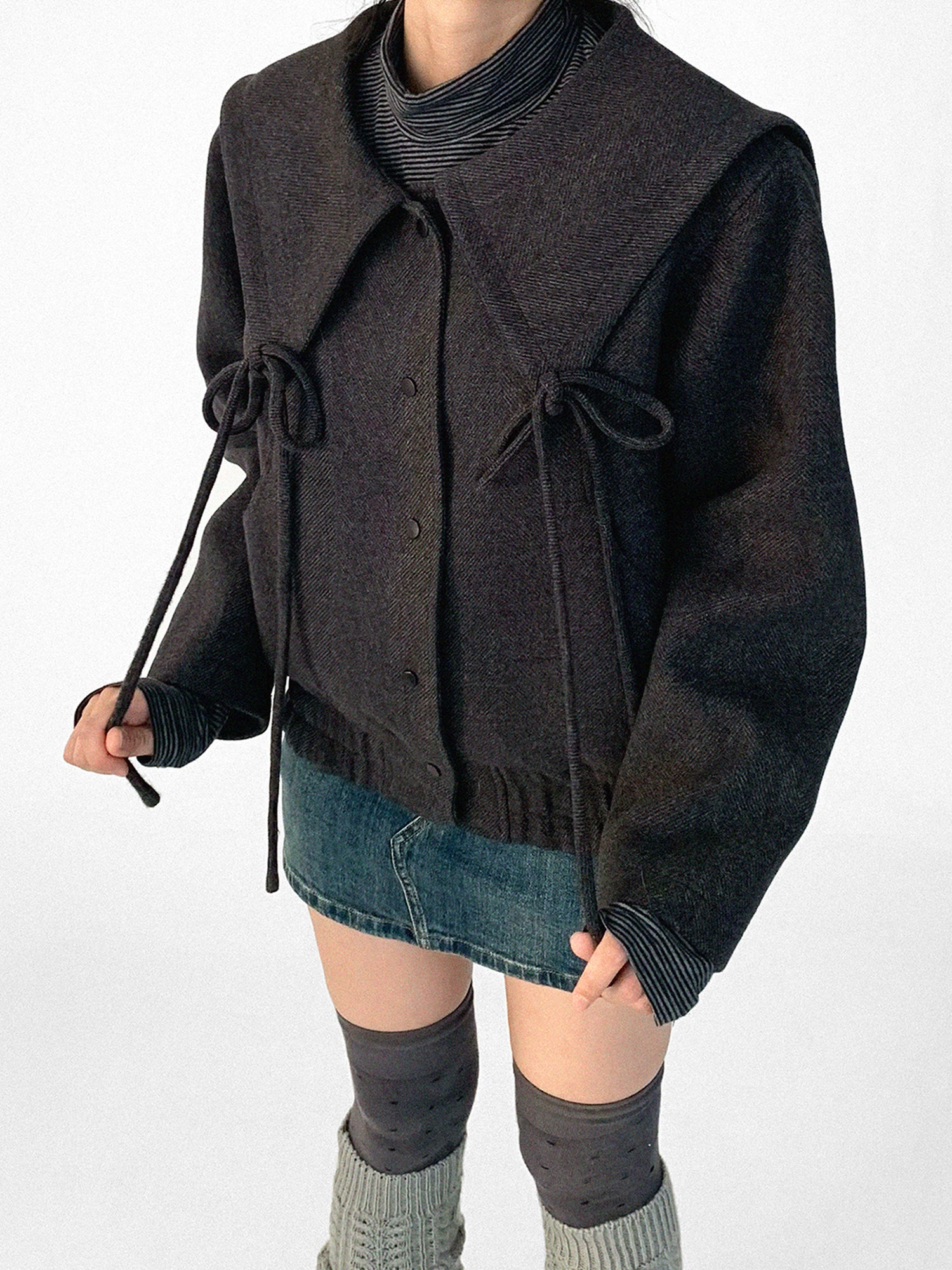 innomoood Stone Skipping Embroidered Star Wool Blend Pea Coat