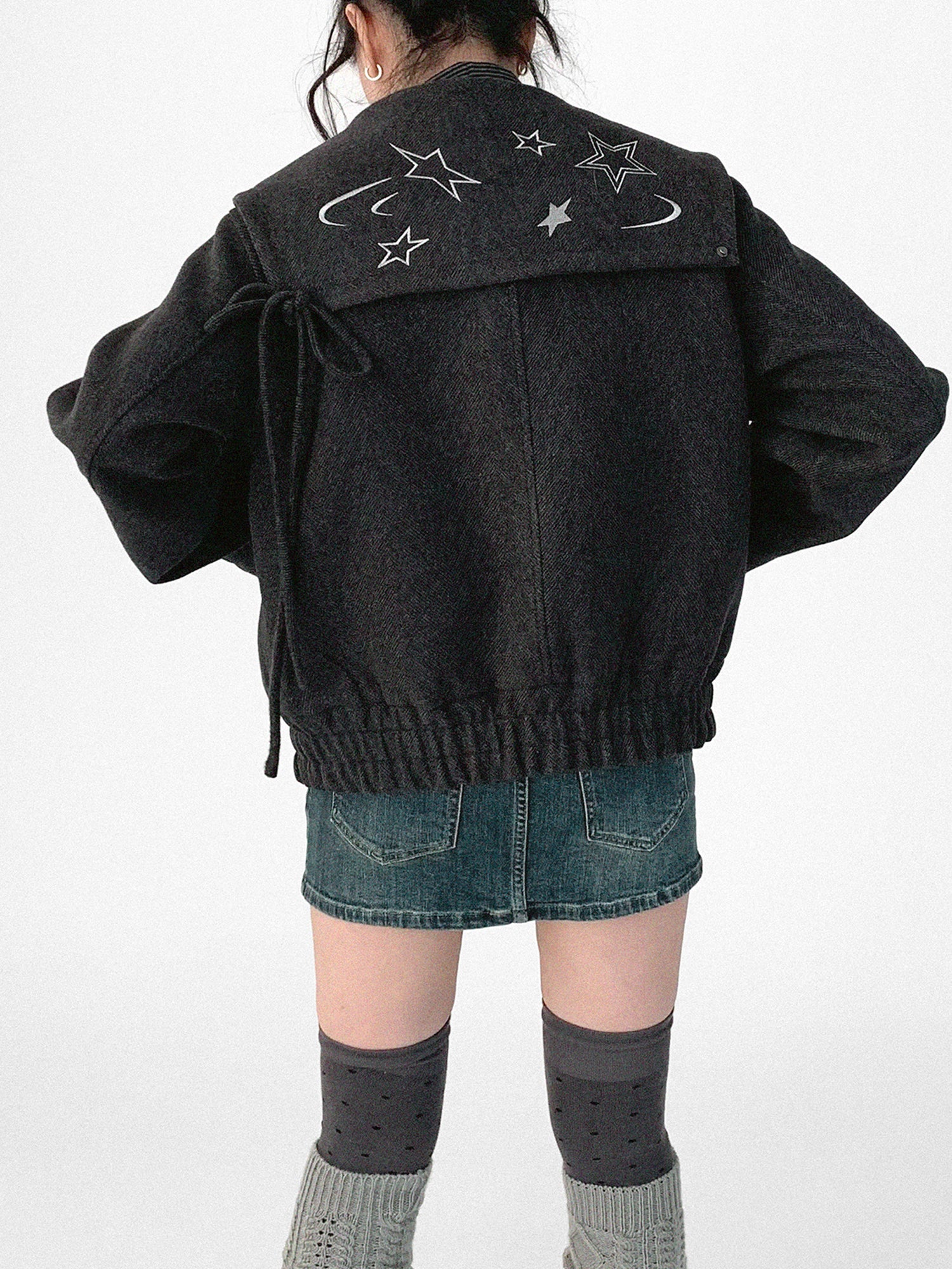 innomoood Stone Skipping Embroidered Star Wool Blend Pea Coat