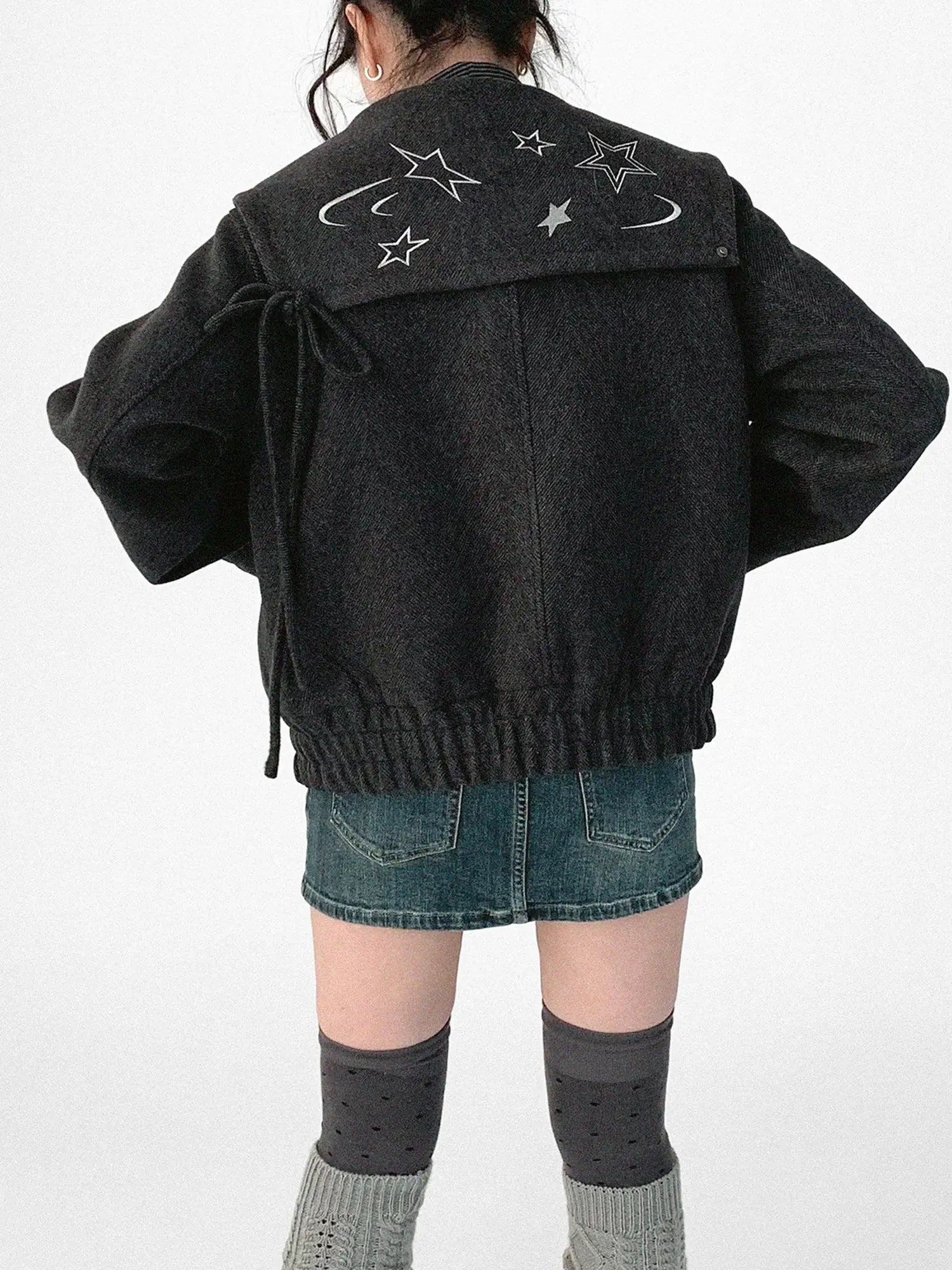 Stone Skipping Embroidered Star Wool Blend Pea Coat