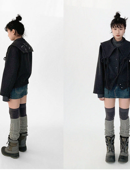 innomoood Stone Skipping Embroidered Star Wool Blend Pea Coat