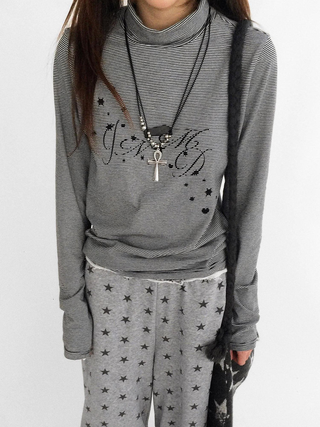 innomoood Stretch Cotton Printed High Neck Striped Straight Fit Long Sleeve Women T-Shirt