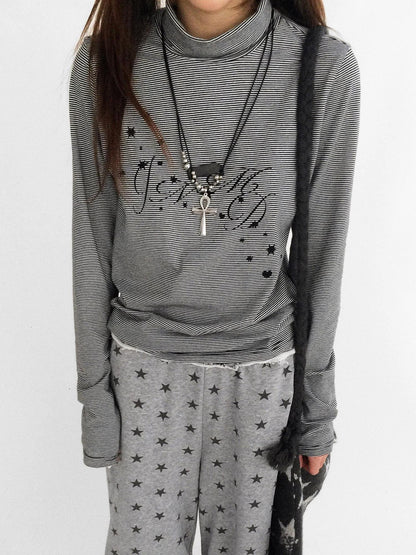 innomoood Stretch Cotton Printed High Neck Striped Straight Fit Long Sleeve Women T-Shirt