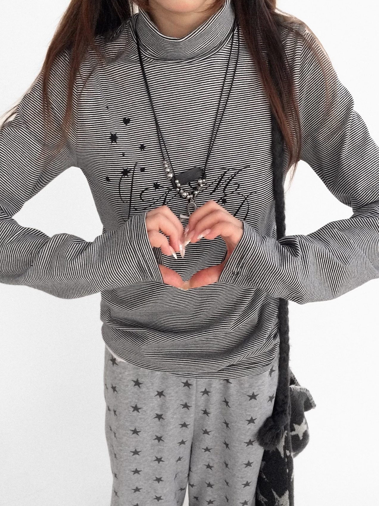 innomoood Stretch Cotton Printed High Neck Striped Straight Fit Long Sleeve Women T-Shirt