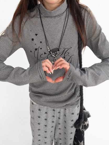 innomoood Stretch Cotton Printed High Neck Striped Straight Fit Long Sleeve Women T-Shirt