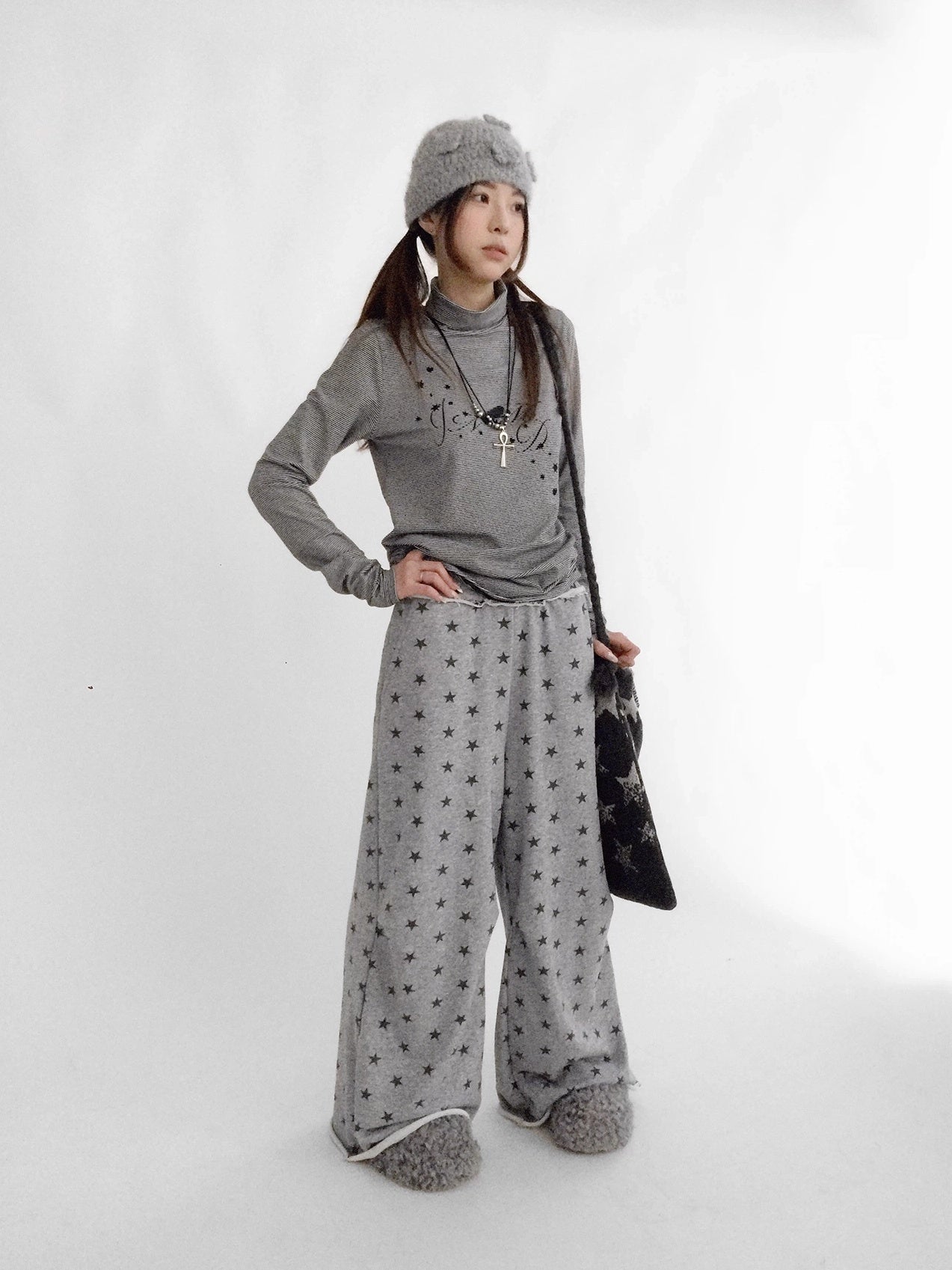 innomoood Stretch Cotton Printed High Neck Striped Straight Fit Long Sleeve Women T-Shirt