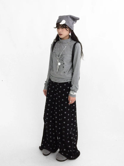 innomoood Stretch Cotton Printed High Neck Striped Straight Fit Long Sleeve Women T-Shirt