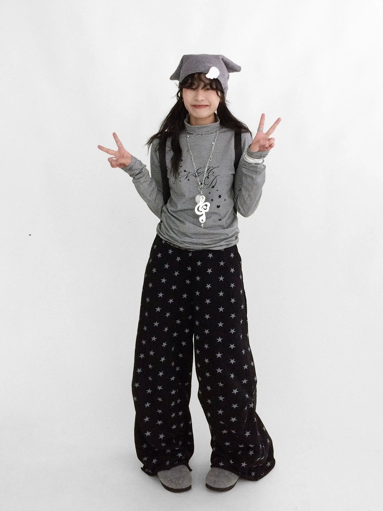 innomoood Stretch Cotton Printed High Neck Striped Straight Fit Long Sleeve Women T-Shirt