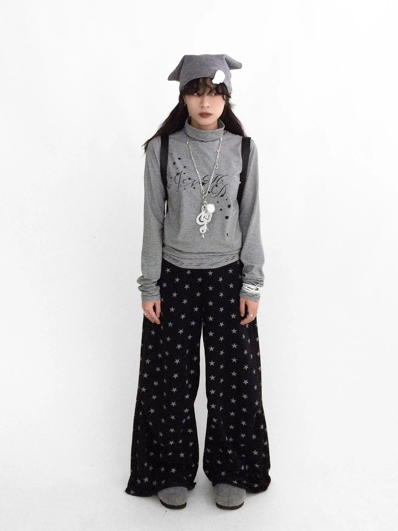 innomoood Stretch Cotton Printed High Neck Striped Straight Fit Long Sleeve Women T-Shirt