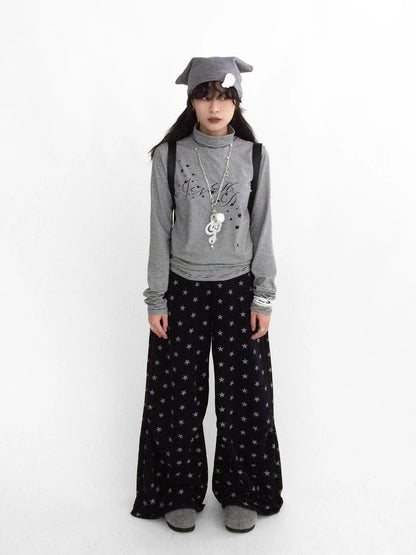 innomoood Stretch Cotton Printed High Neck Striped Straight Fit Long Sleeve Women T-Shirt