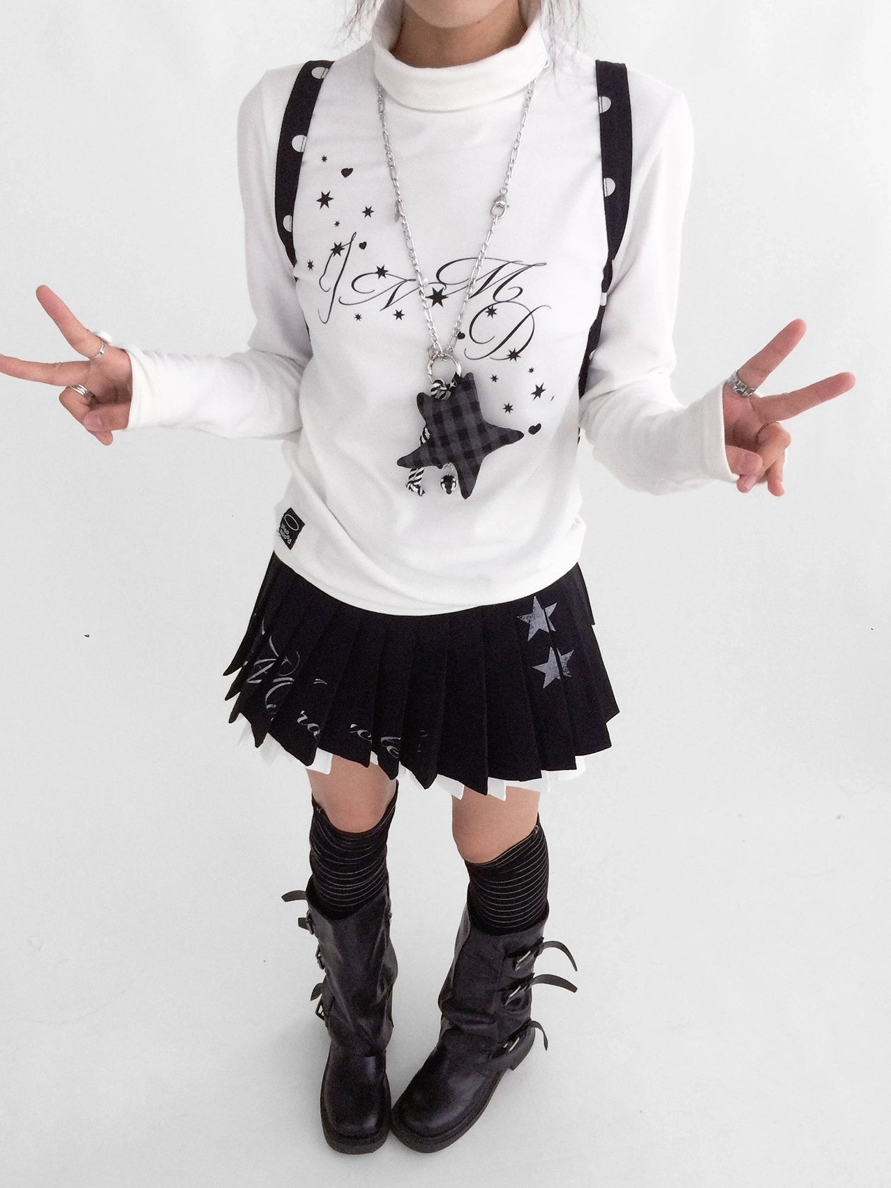 innomoood Stretch Cotton Printed High Neck Striped Straight Fit Long Sleeve Women T-Shirt