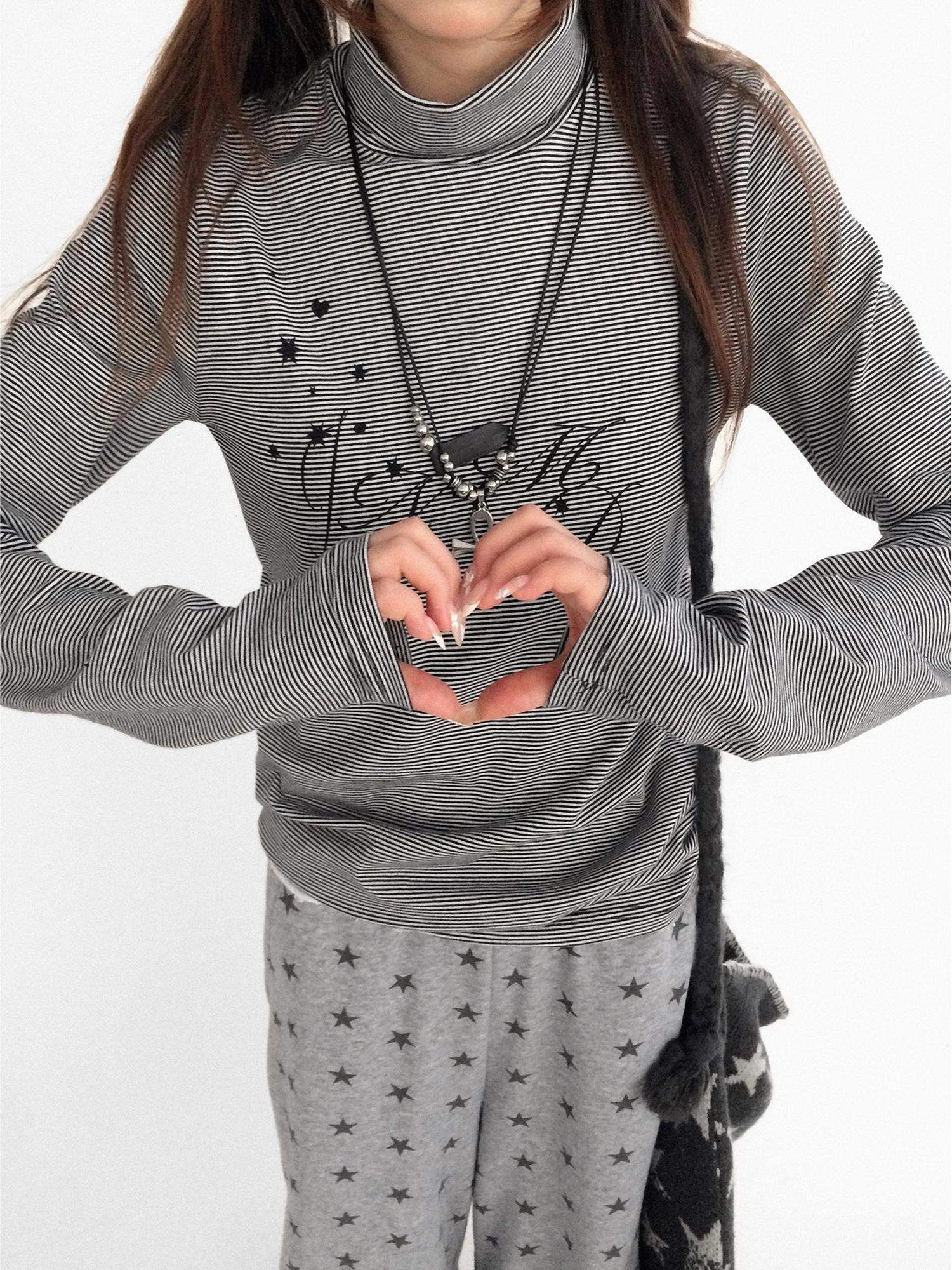 innomoood Stretch Cotton Printed High Neck Striped Straight Fit Long Sleeve Women T-Shirt