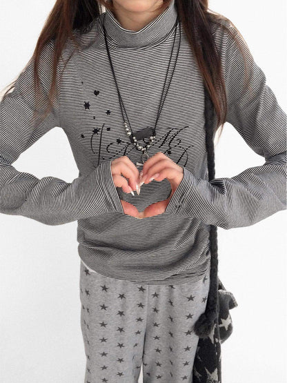 innomoood Stretch Cotton Printed High Neck Striped Straight Fit Long Sleeve Women T-Shirt