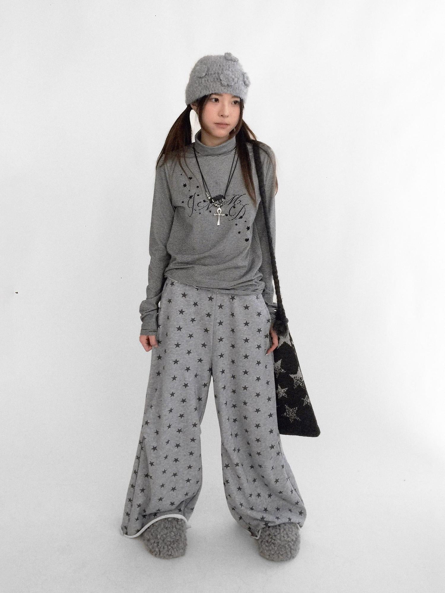 innomoood Stretch Cotton Printed High Neck Striped Straight Fit Long Sleeve Women T-Shirt