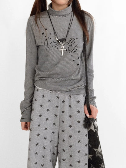 innomoood Stretch Cotton Printed High Neck Striped Straight Fit Long Sleeve Women T-Shirt