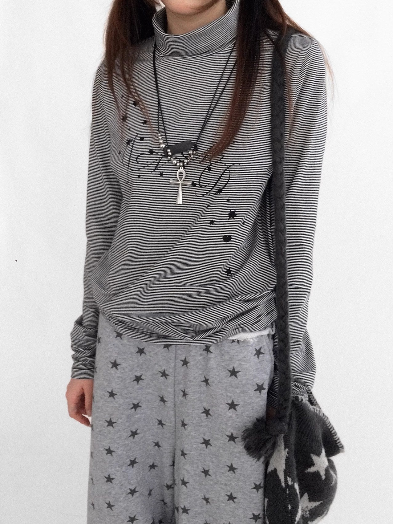 innomoood Stretch Cotton Printed High Neck Striped Straight Fit Long Sleeve Women T-Shirt