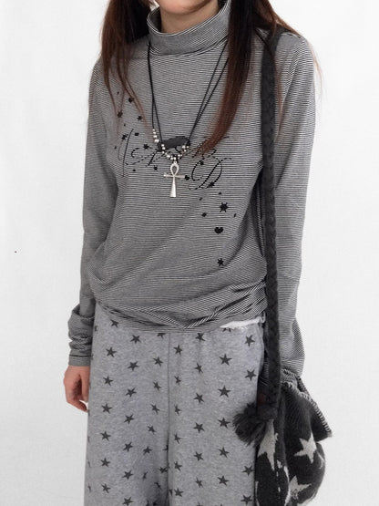 innomoood Stretch Cotton Printed High Neck Striped Straight Fit Long Sleeve Women T-Shirt