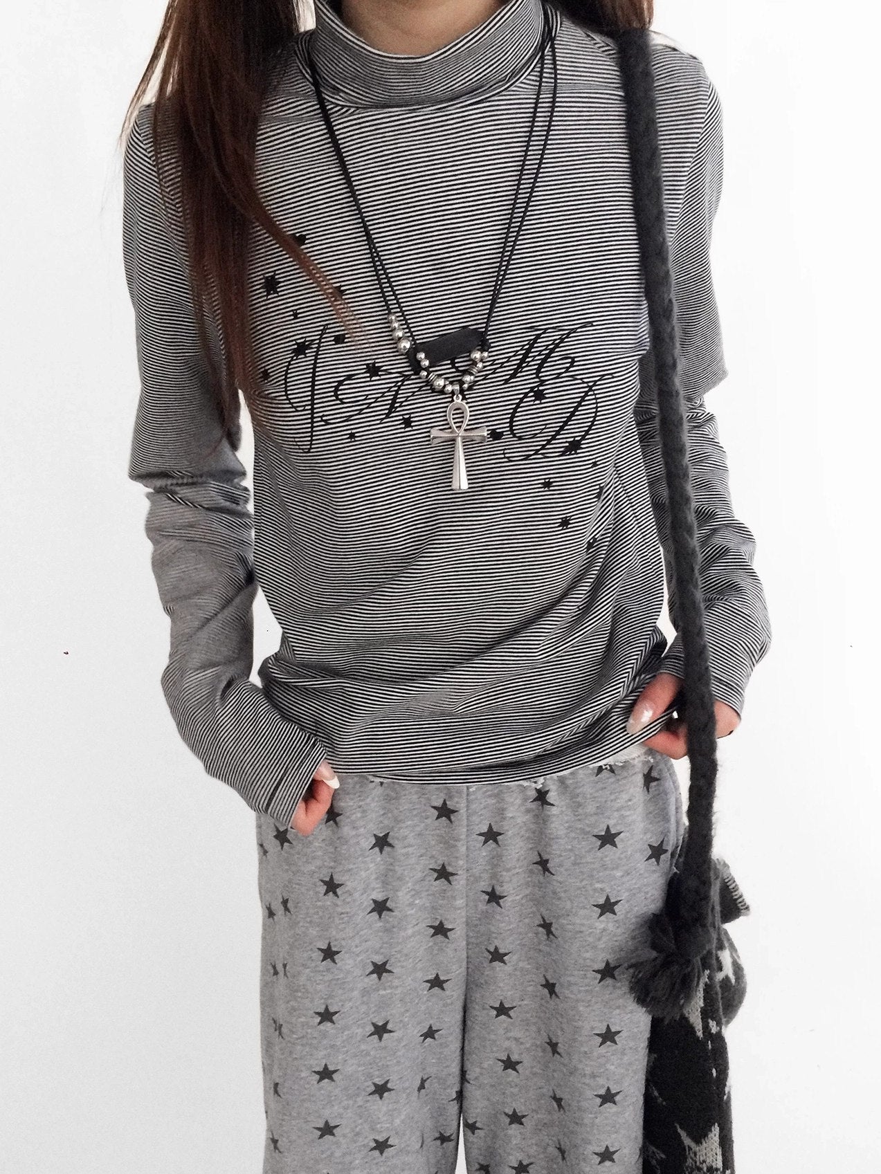 innomoood Stretch Cotton Printed High Neck Striped Straight Fit Long Sleeve Women T-Shirt