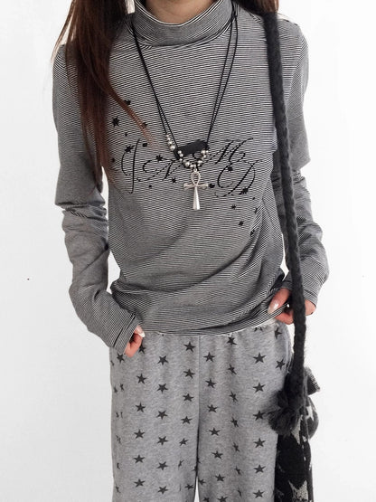 innomoood Stretch Cotton Printed High Neck Striped Straight Fit Long Sleeve Women T-Shirt