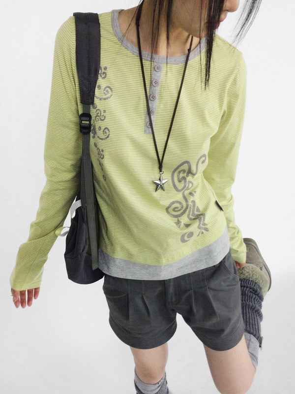 Striped Graphic Print Spliced Round Neck Women's Cotton Long Sleeve T-shirts