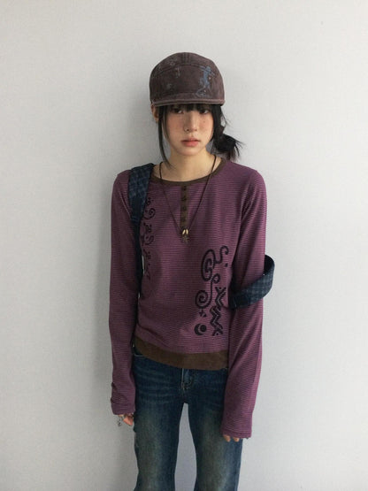 innomoood Striped Graphic Print Spliced Round Neck Women&