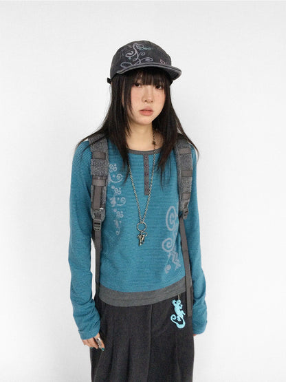 innomoood Striped Graphic Print Spliced Round Neck Women&