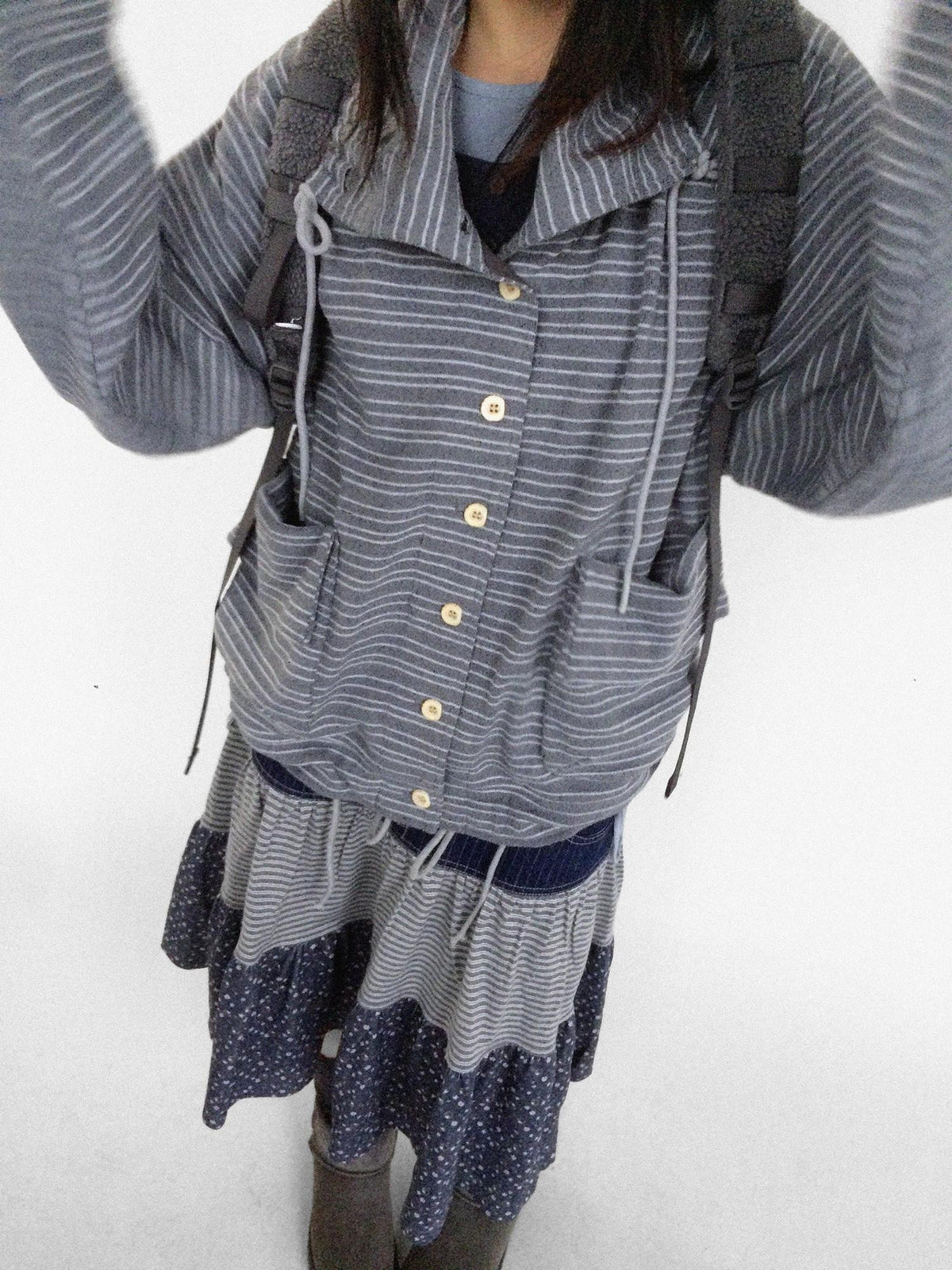 innomoood Striped Knit Loose Stand Collar Pocket Drawstring Women&