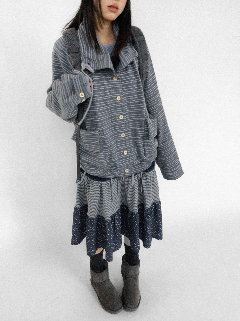 innomoood Striped Knit Loose Stand Collar Pocket Drawstring Women&