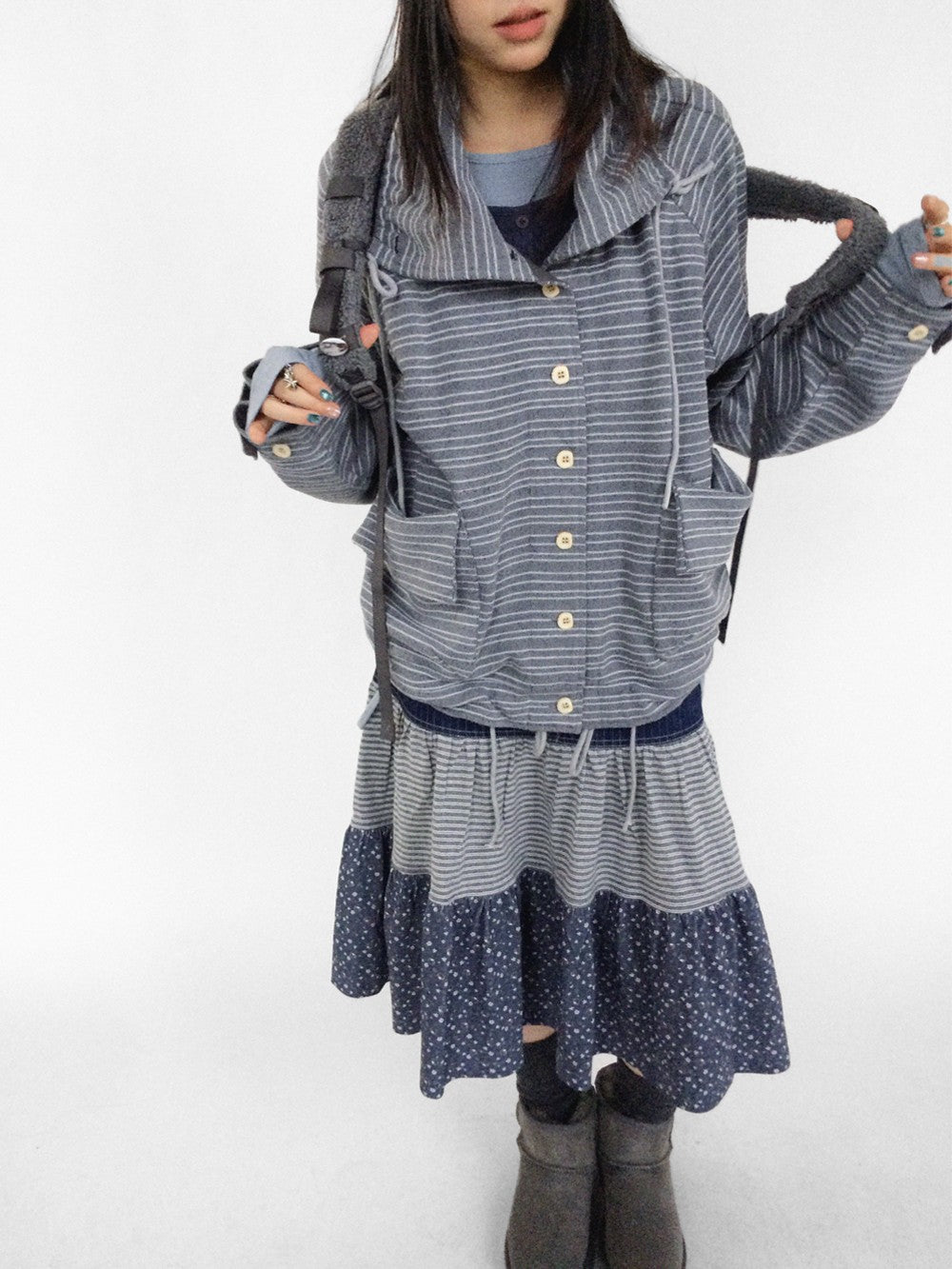 innomoood Striped Knit Loose Stand Collar Pocket Drawstring Women&