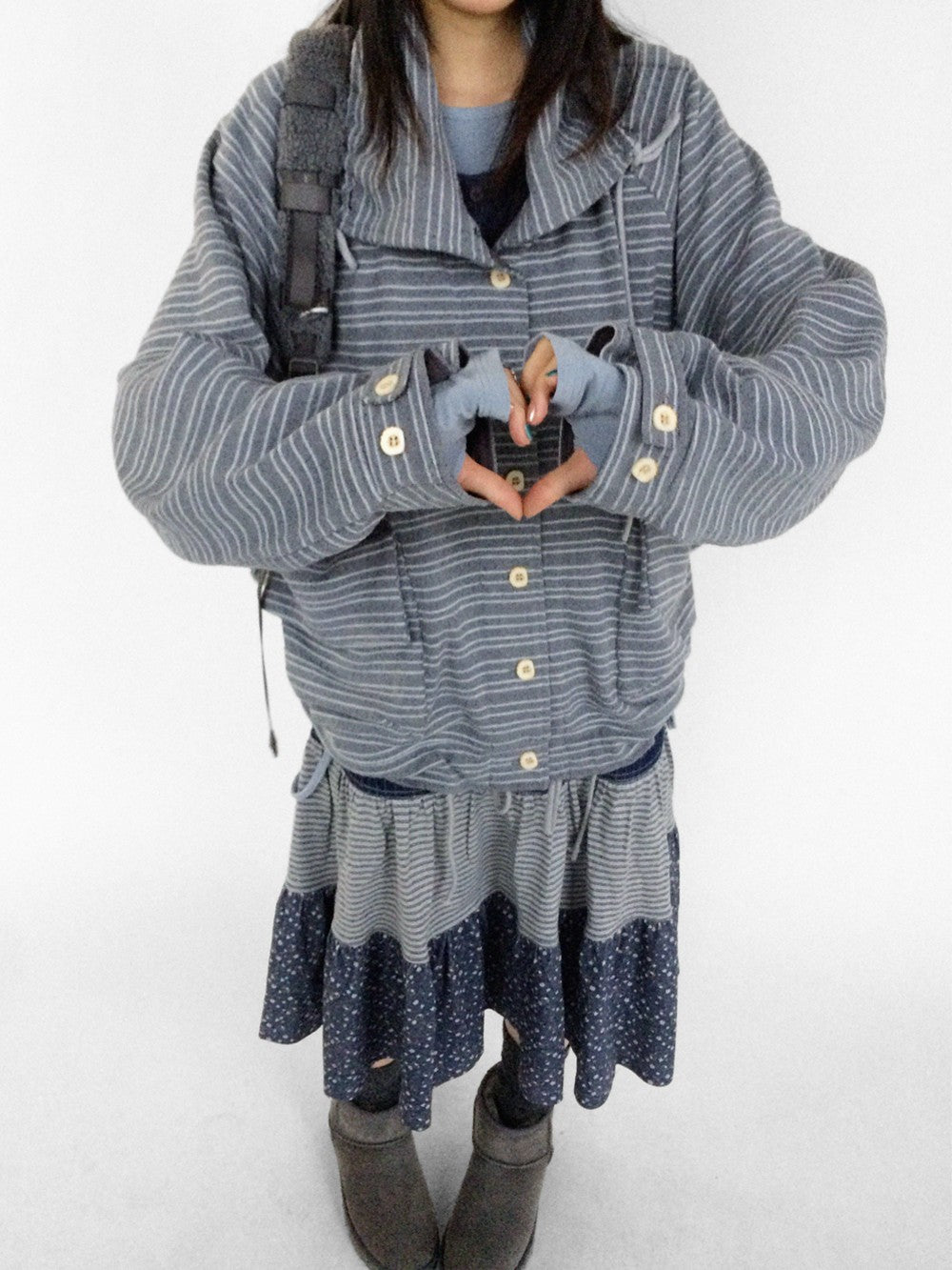 innomoood Striped Knit Loose Stand Collar Pocket Drawstring Women&