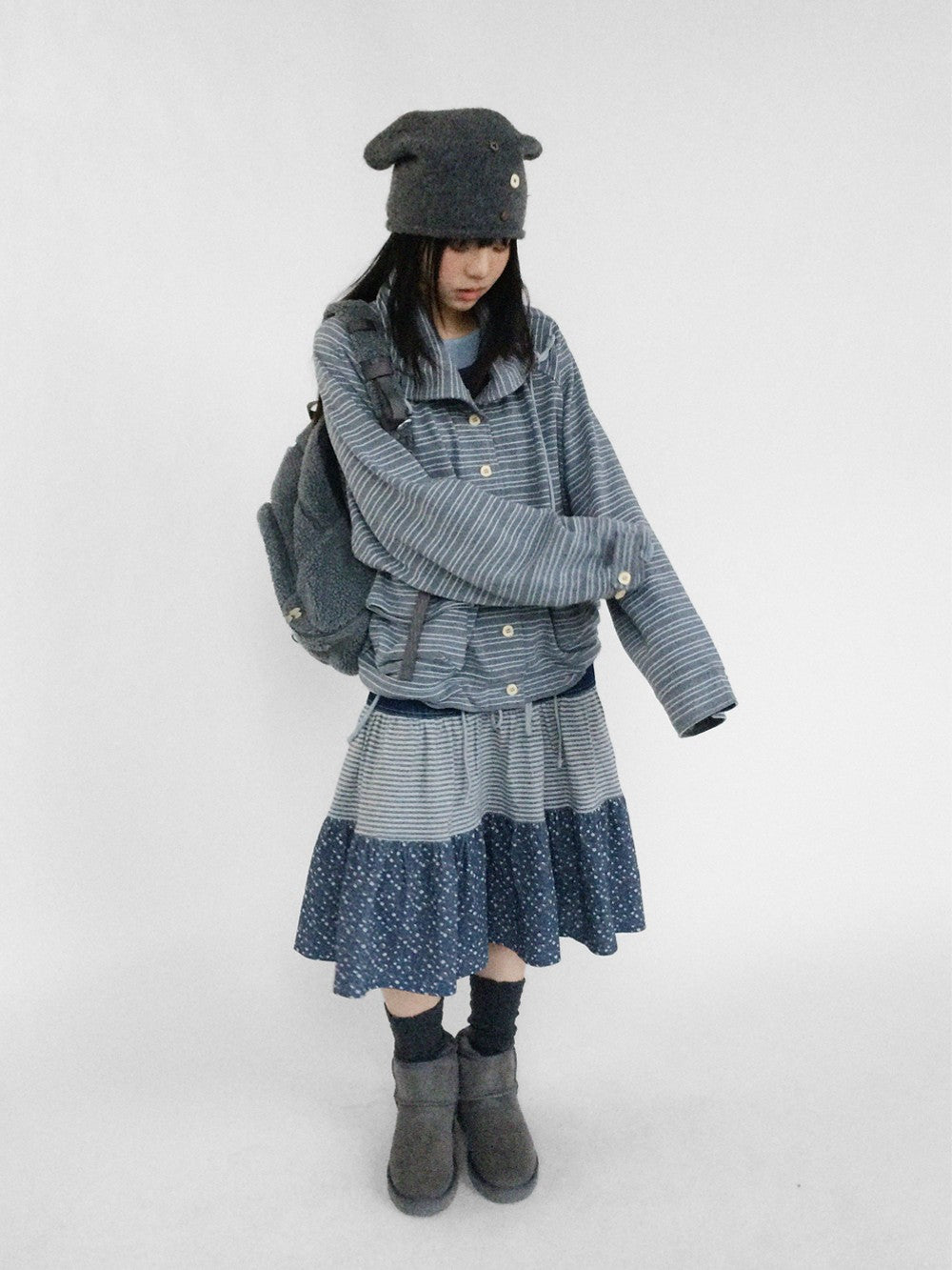 innomoood Striped Knit Loose Stand Collar Pocket Drawstring Women&