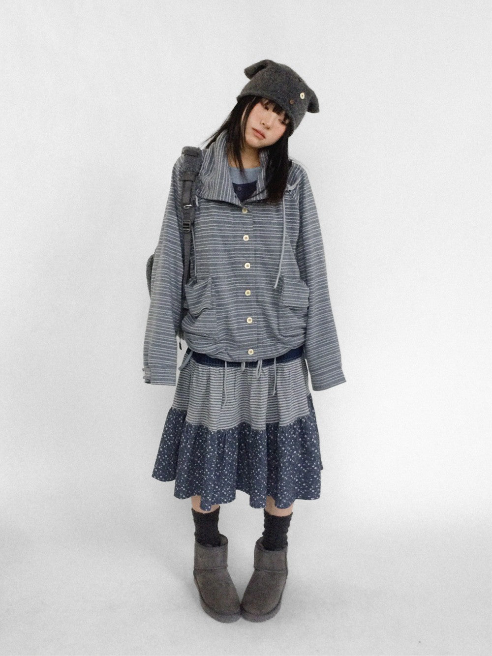 innomoood Striped Knit Loose Stand Collar Pocket Drawstring Women&